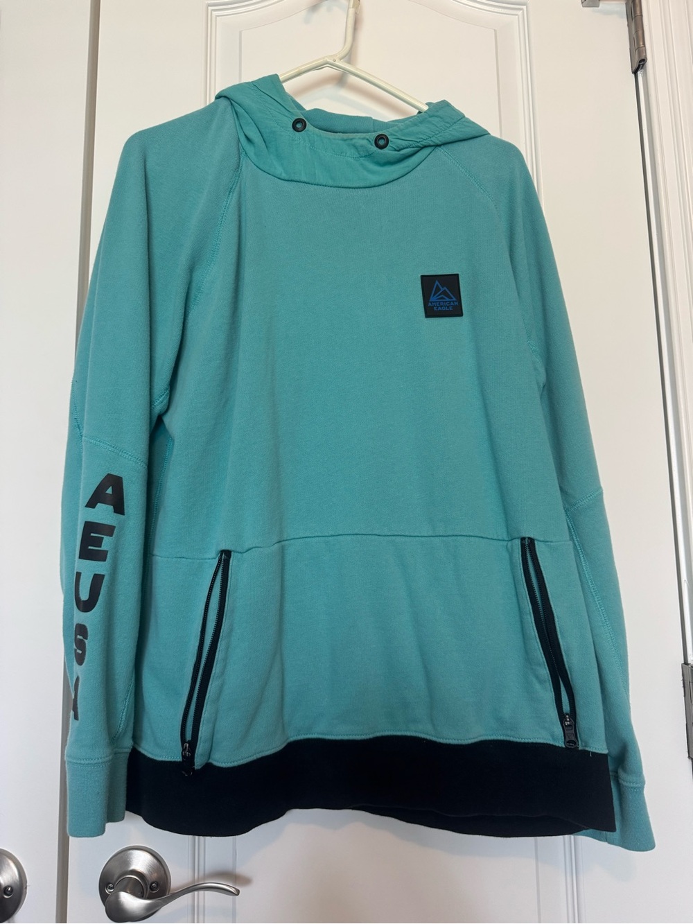 Vintage American Eagle Y2K Teal Hoodie Pullover Zip Pocket Logo